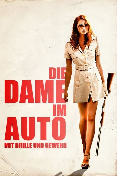 Die Dame im Auto mit Brille und Gewehr poster